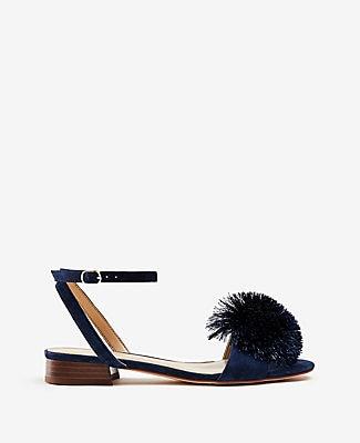 Ann Taylor Rosalie Pom Pom Flat Suede Sandals