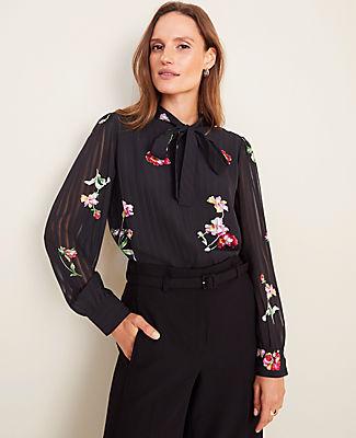 Ann Taylor Floral Striped Jacquard Tie Neck Blouse