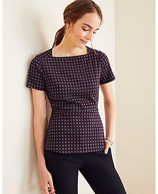 Ann Taylor Checked Square Neck Peplum Top