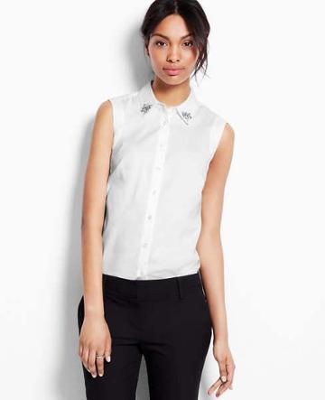 Ann Taylor Embellished Perfect Stretch Cotton Sleeveless Shirt, White - Size 0