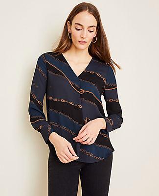 Ann Taylor Chain Print Mixed Media Pleat Front Top