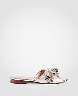 Ann Taylor Krissy Metallic Leather Ruffle Slide Sandals