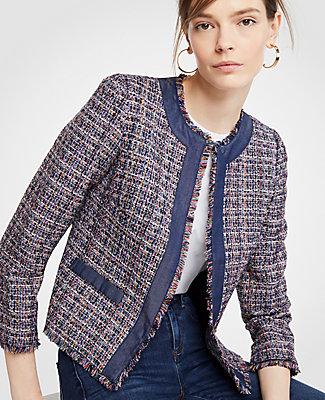 Ann Taylor Tweed Chambray Trim Open Jacket