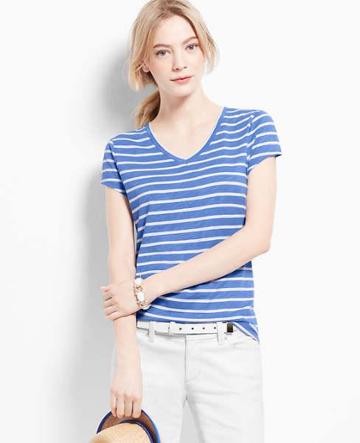 Ann Taylor Striped V-neck Tee, Buoyant Blue - Extra Extrasmall