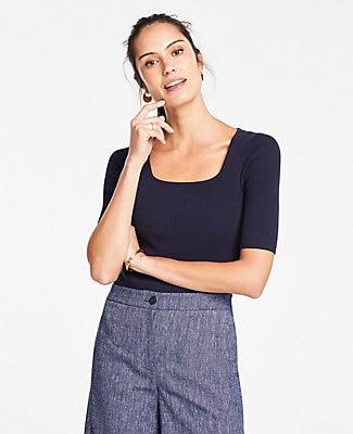 Ann Taylor Ribbed Square Neck Short Sleeve Sweater