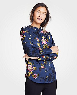 Ann Taylor Floral Shirred Button Down Blouse