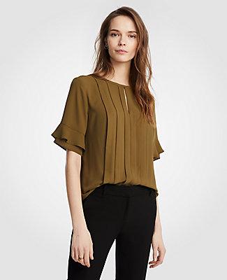 Ann Taylor Ruffle Sleeve Split Neck Top