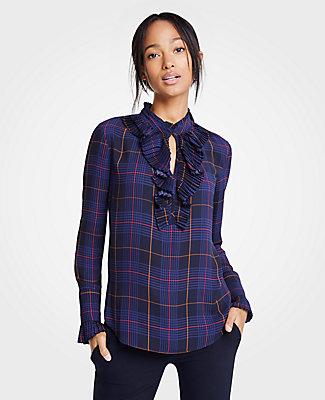 Ann Taylor Mini Plaid Pleated Ruffle Blouse
