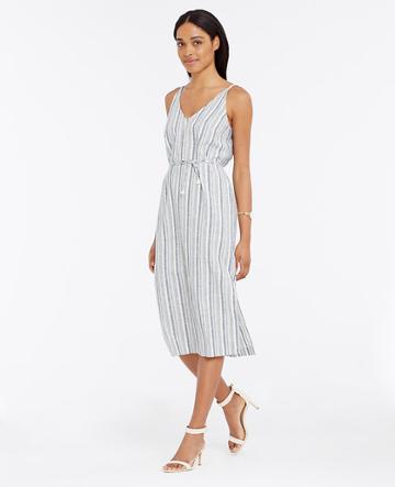 Ann Taylor Petite Striped Linen Cotton Midi Dress, Sky Chambray - Size 0