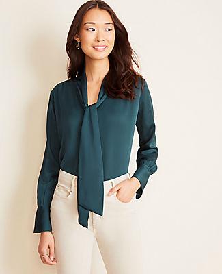 Ann Taylor Hammered Satin V-neck Bow Blouse