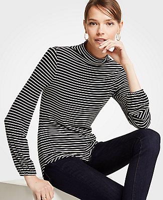 Ann Taylor Stripe Mock Neck Balloon Sleeve Top