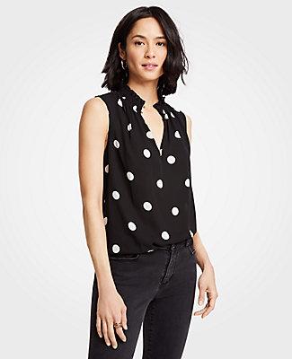 Ann Taylor Polka Dot Smocked Ruffle Shell