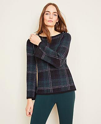 Ann Taylor Shimmer Blackwatch Plaid Sweater