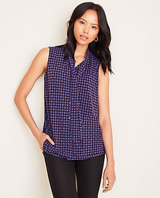 Ann Taylor Geo Tie Neck Button Down Shell