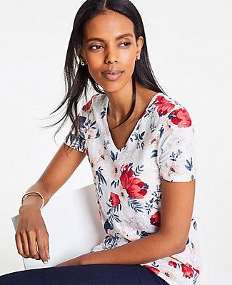 Ann Taylor Floral Cluster Linen V-neck Tee