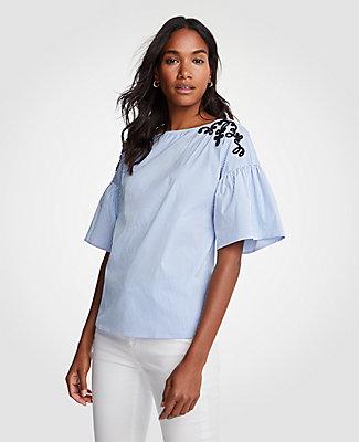 Ann Taylor Striped Embroidered Flare Sleeve Poplin Top