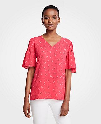 Ann Taylor Lily Leaves Shirred Sleeve Top