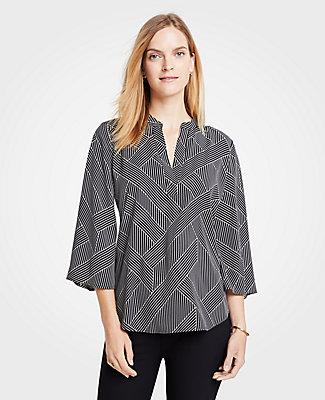 Ann Taylor Cross Stripe Split Neck Bell Sleeve Blouse