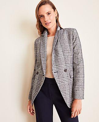 Ann Taylor Plaid Long Double Breasted Blazer