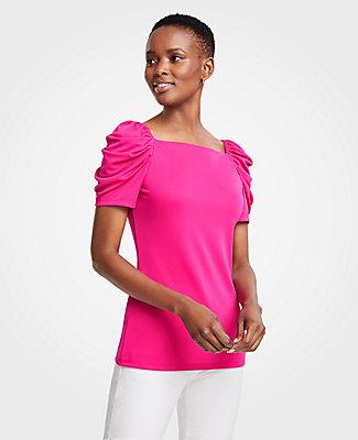 Ann Taylor Ruched Sleeve Square Neck Top