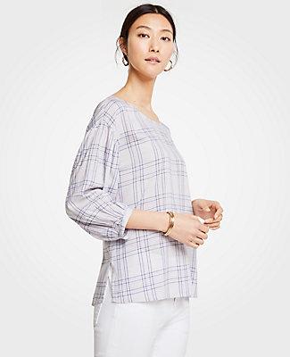 Ann Taylor Plaid Balloon Sleeve Top