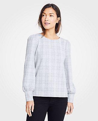 Ann Taylor Plaid Puff Sleeve Sweatshirt