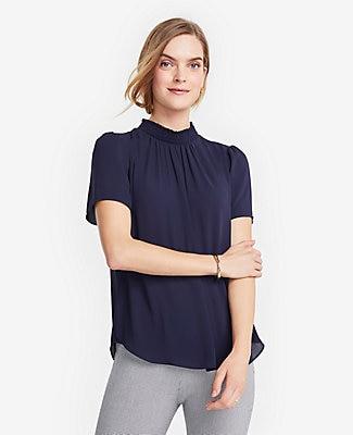 Ann Taylor Smocked Mock Neck Top