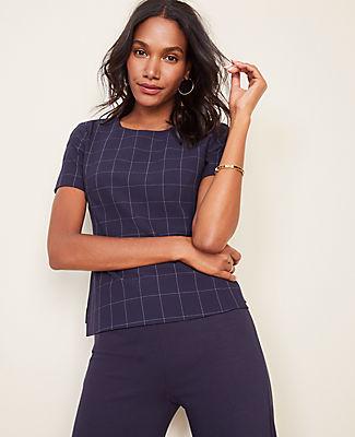 Ann Taylor The Short Sleeve Top In Navy Windowpane Bi-stretch