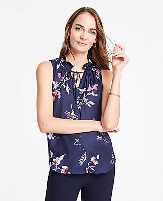 Ann Taylor Floral Double Ruffle Tie Neck Shell