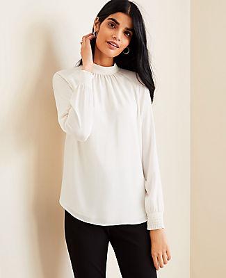 Ann Taylor Mock Neck Smocked Cuff Blouse