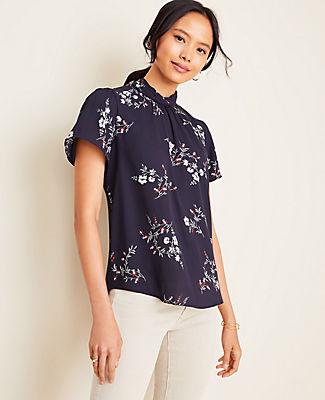 Ann Taylor Floral Mixed Media Twist Neck Top