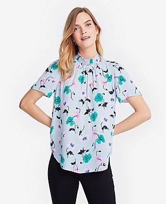 Ann Taylor Floral Smocked Mock Neck Top