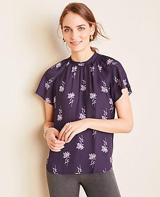 Ann Taylor Floral Smocked Mock Neck Tee