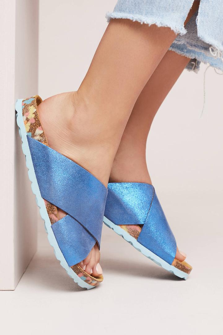 Anthropologie Criss-cross Metallic Slide Sandals
