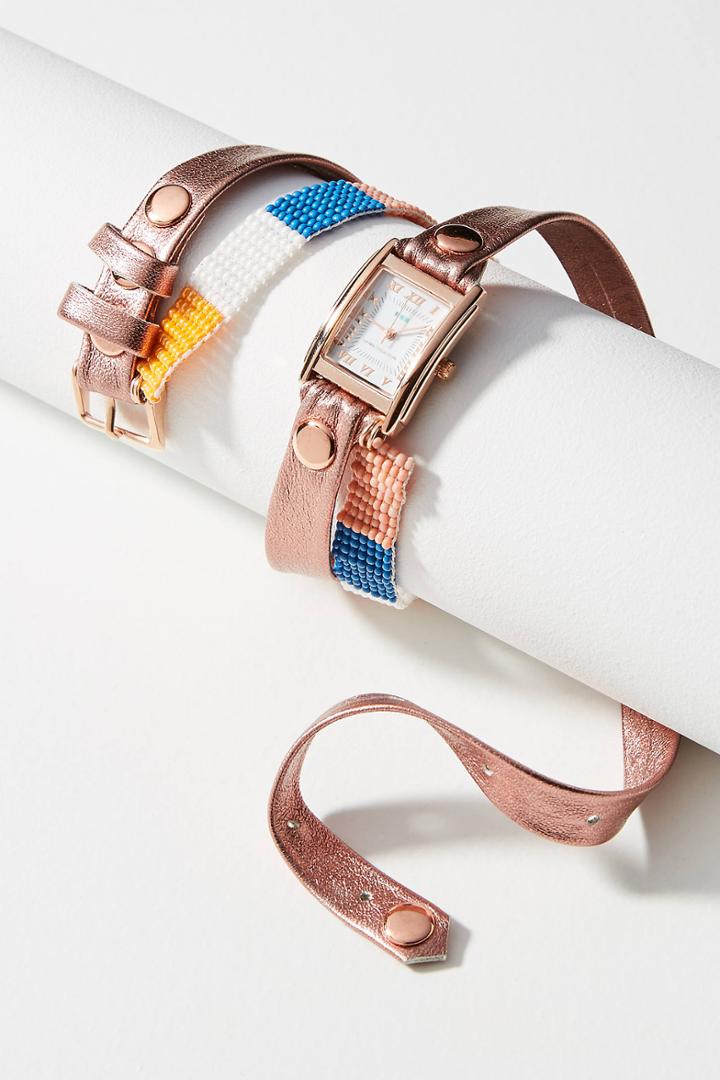 La Mer Collections Rose Gold Beaded Wrap Watch