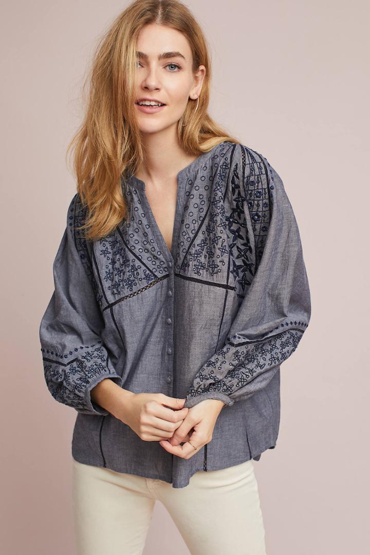 Kirei Embroidered Peasant Buttondown