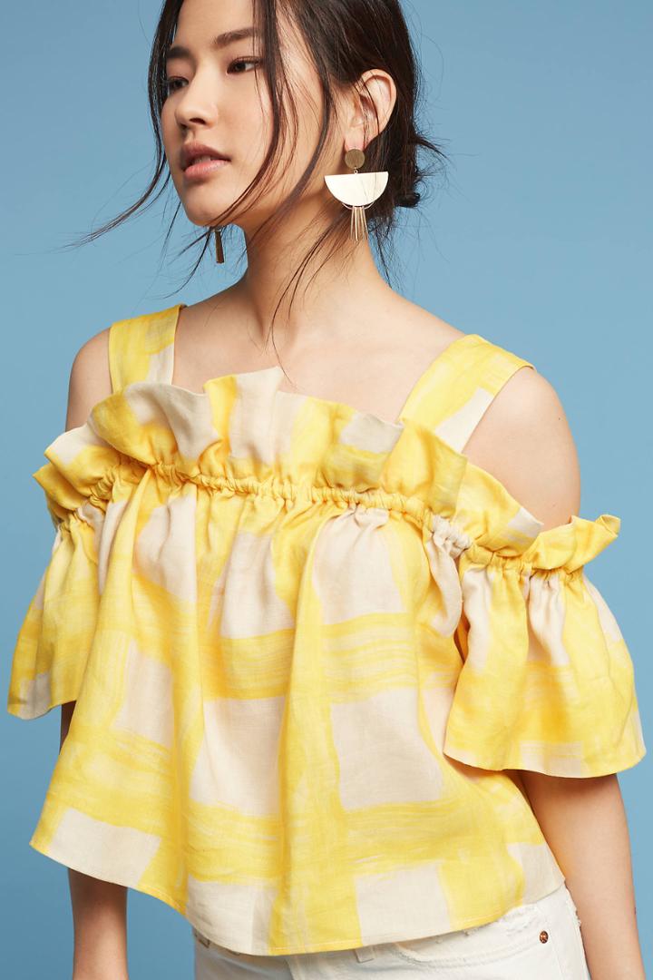 Whit Ruffled Gingham Open-shoulder Top