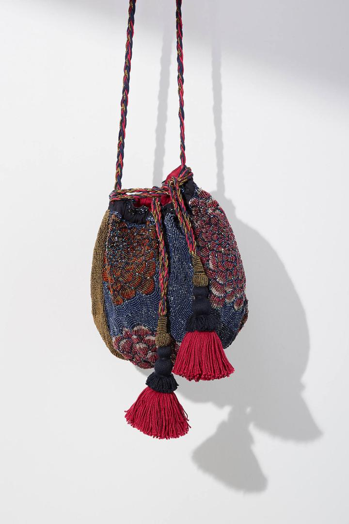 Anthropologie Floral Beaded Bucket Bag