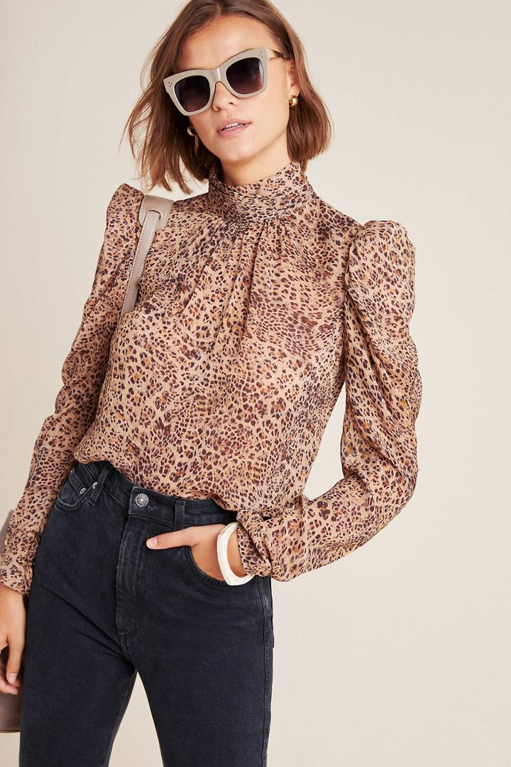 Ml Monique Lhuillier Ruched Leopard Blouse