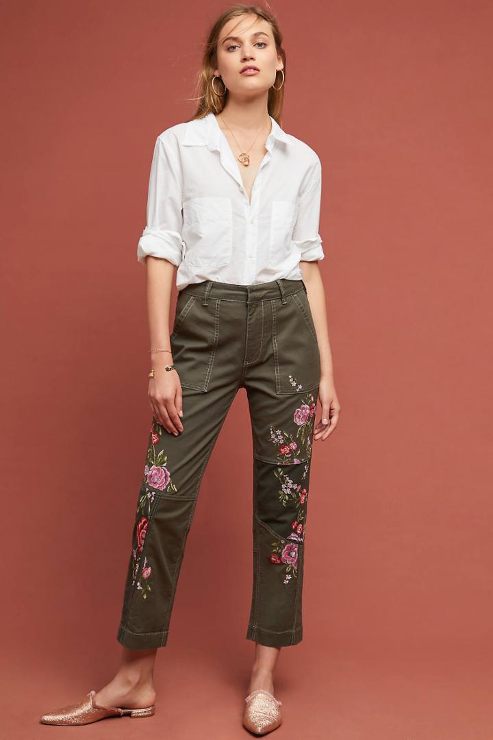Anthropologie Embroidered Utility Pants