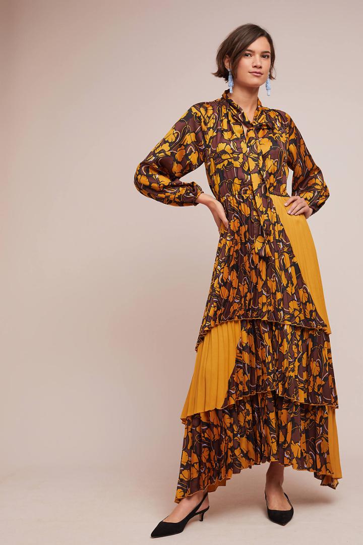 Beatrice B Pleated Marigold Maxi Dress