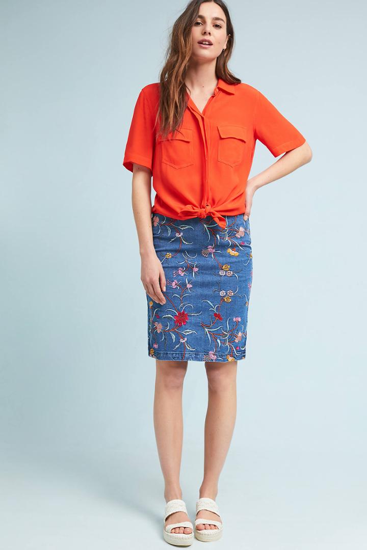 Maeve Embroidered Denim Pencil Skirt
