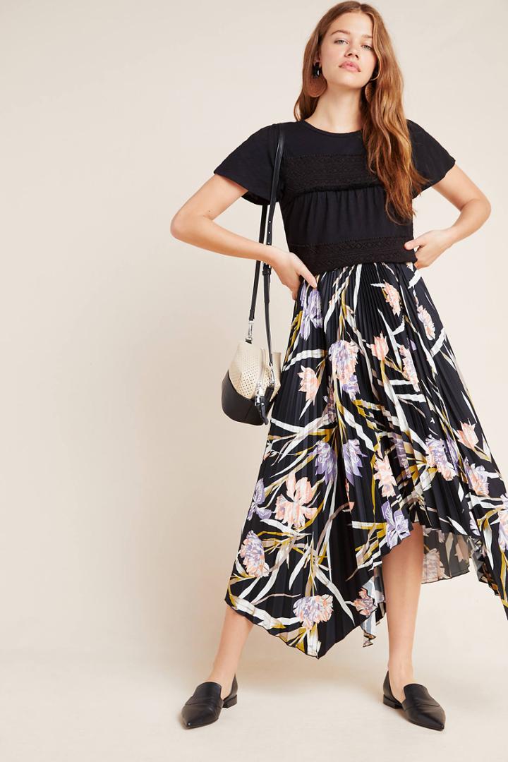 Corey Lynn Calter Pleated Floral Midi Skirt
