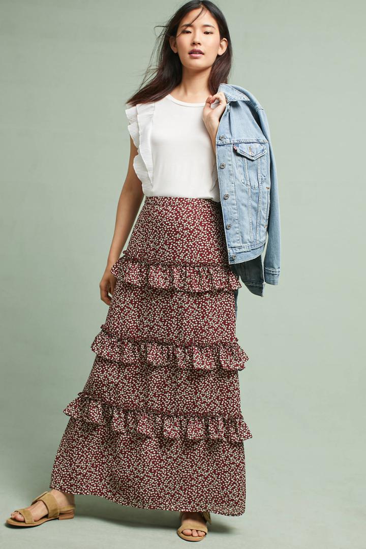 Blue Tassel Printed Ruffled Maxi Skirt