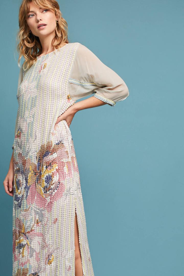 Anthropologie Sequined Floral Column Dress