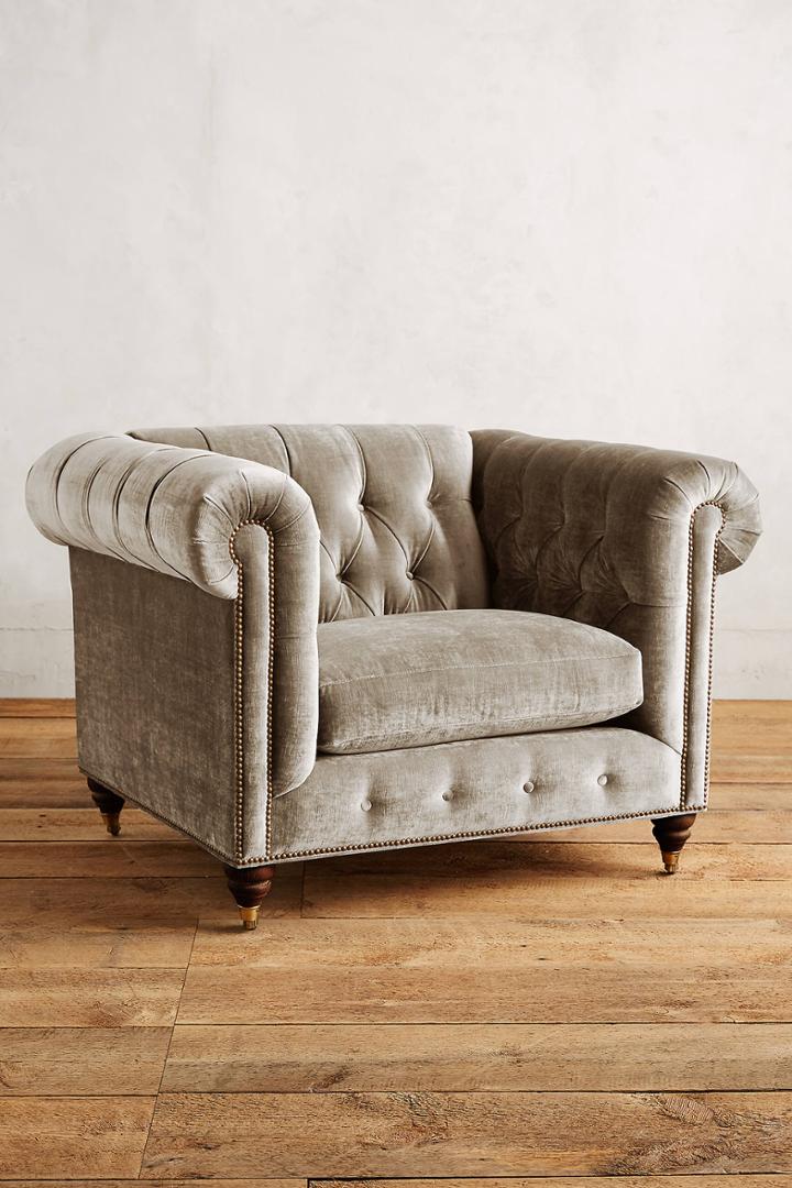 Anthropologie Slub Velvet Lyre Chesterfield Armchair, Hickory