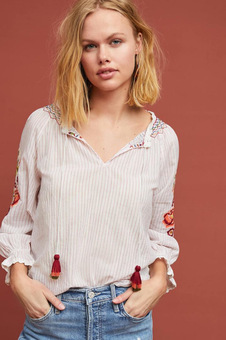 Velvet By Graham & Spencer Rina Embroidered Peasant Top