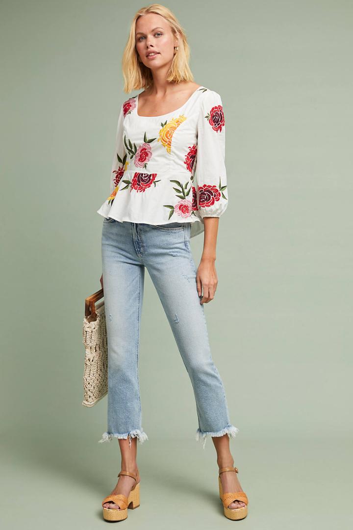 Anthropologie Petal Embroidered Poplin Blouse