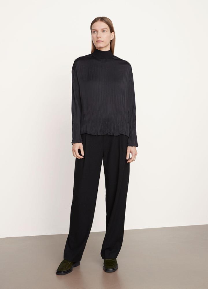 Vince Rib Mock Neck Crushed Satin Long Sleeve Blouse