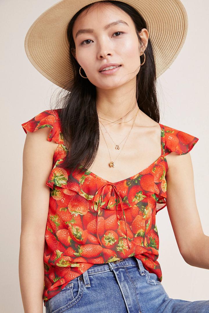 Anthropologie Ruffled Strawberry Top